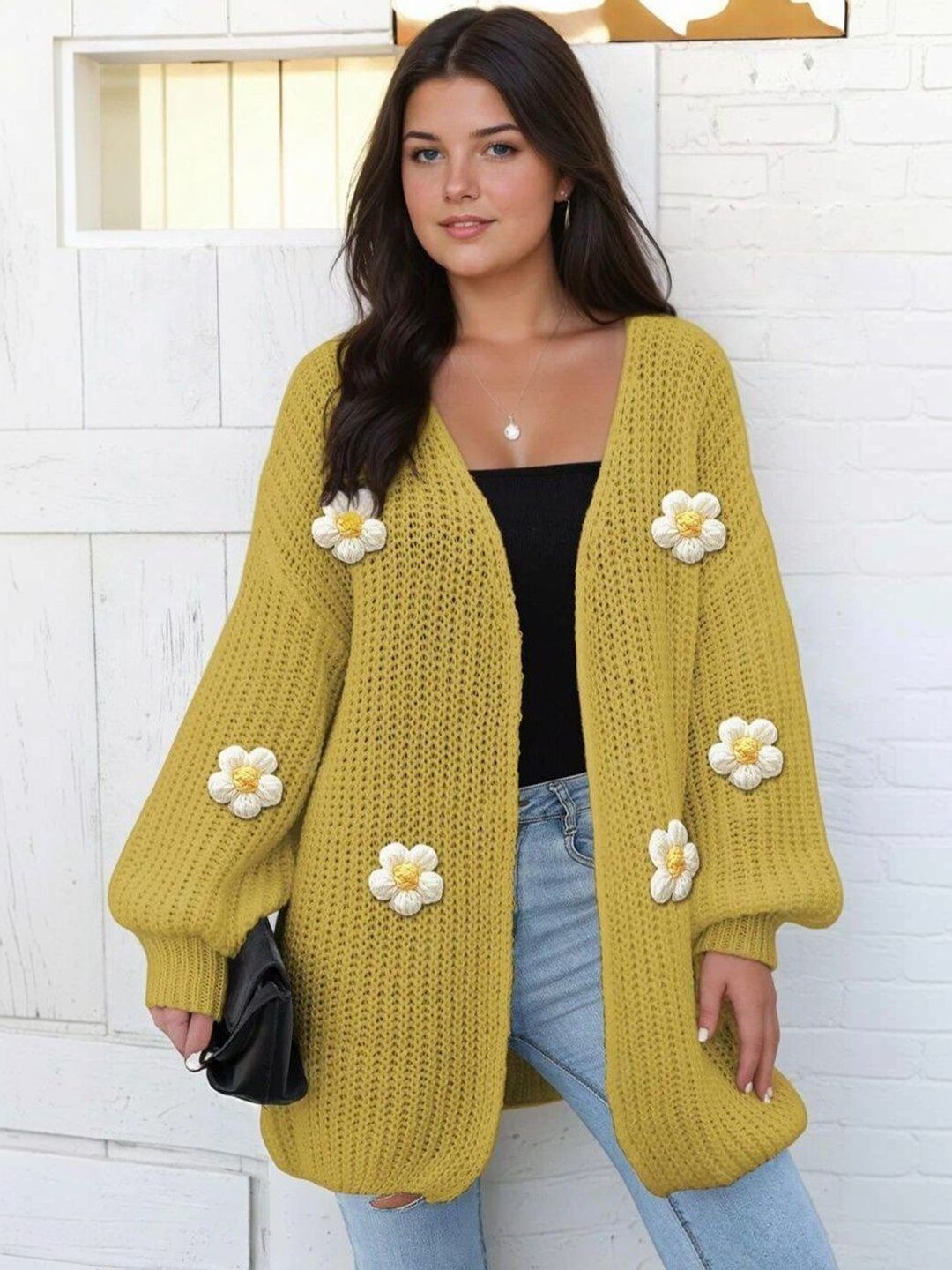 Cardigan with Applique Detail in Yellow acrylic - Nowi Korean Fashion