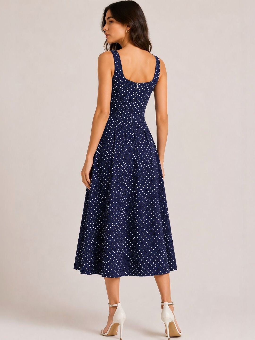 Polka Dot Print Satin A-Line Midi Dress