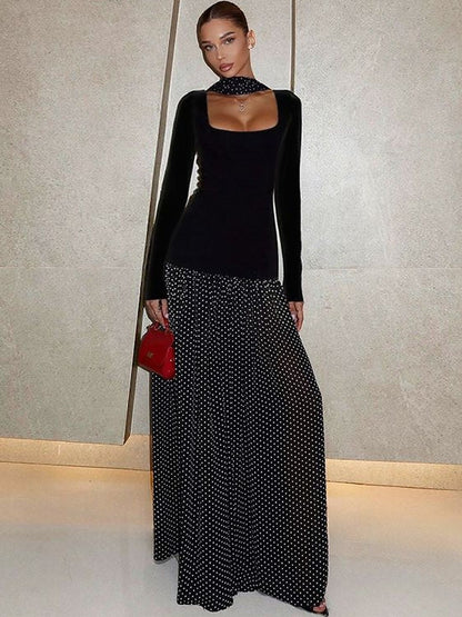 Polka Dot Print Maxi Dress in Black polyester - Nowi Korean Fashion