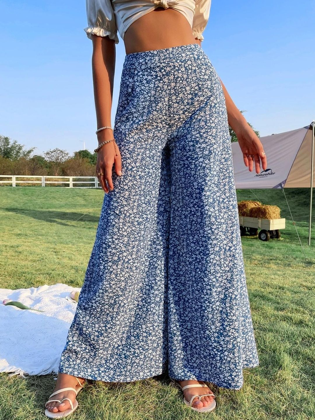 NOWI Women Floral High-Rise Flared Wide Leg Trousers