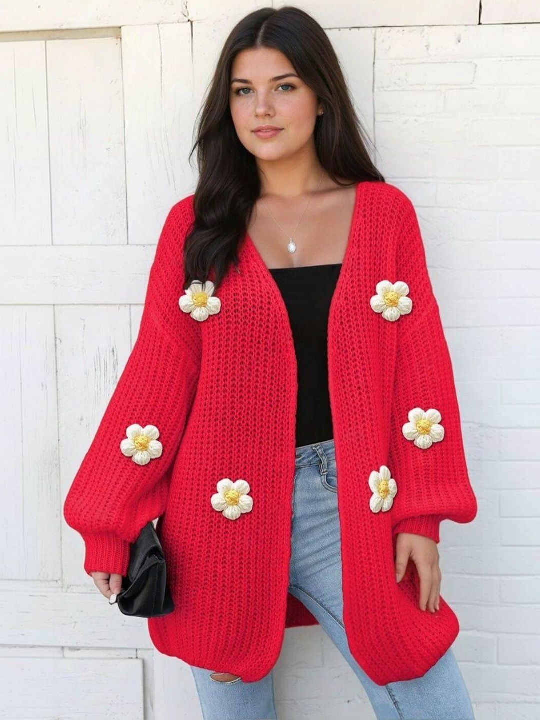 Longline Cardigan with Applique Detail in Red acrylic - Nowi Korean Fashion