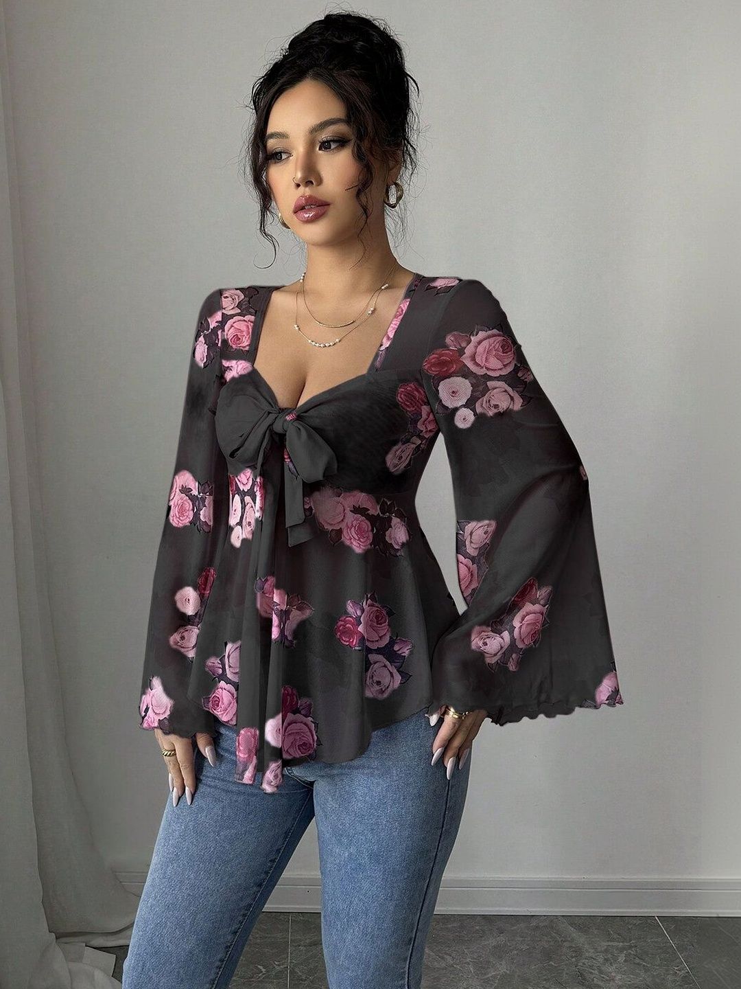 Floral Print Sweetheart Neck Flared Sleeve Top