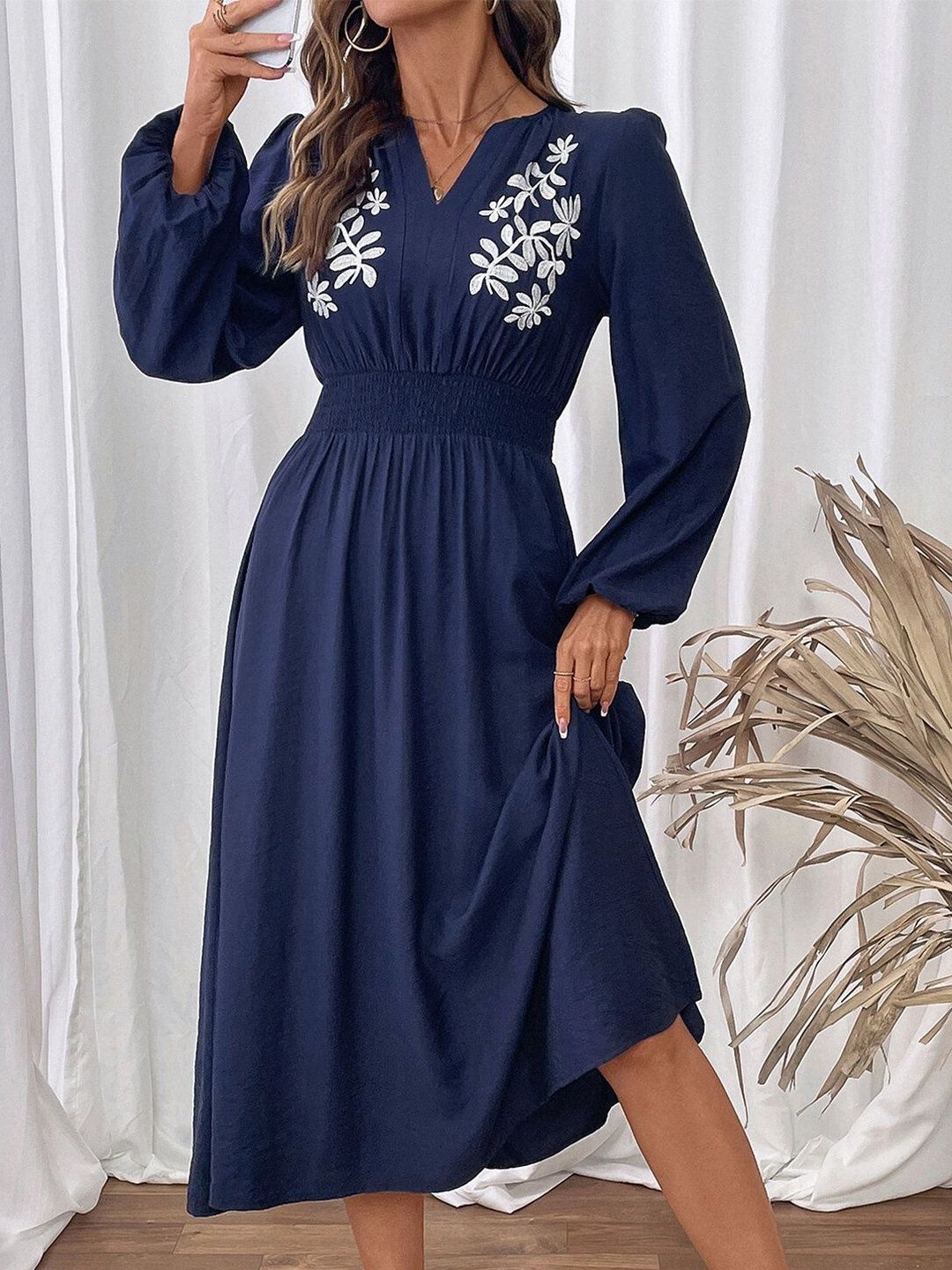 NOWI Floral Embroidered A-Line Midi Dress - Nowi Korean Fashion