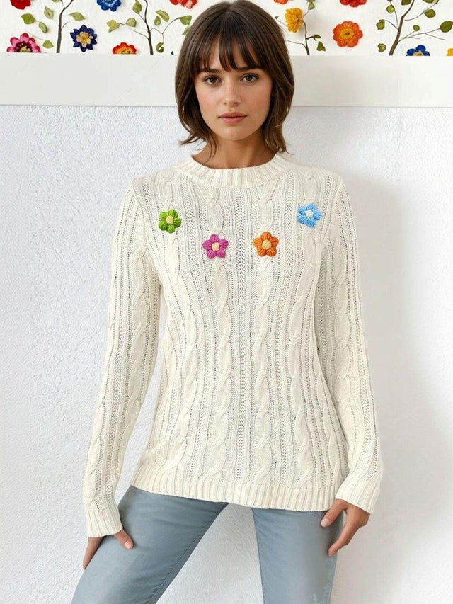 Cable Knit Pullover with Applique Detail in White acrylic - Nowi Korean Fashion