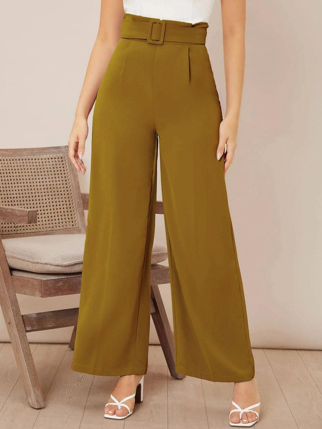 Women High-Rise Flared Wide Leg Formal Trousers