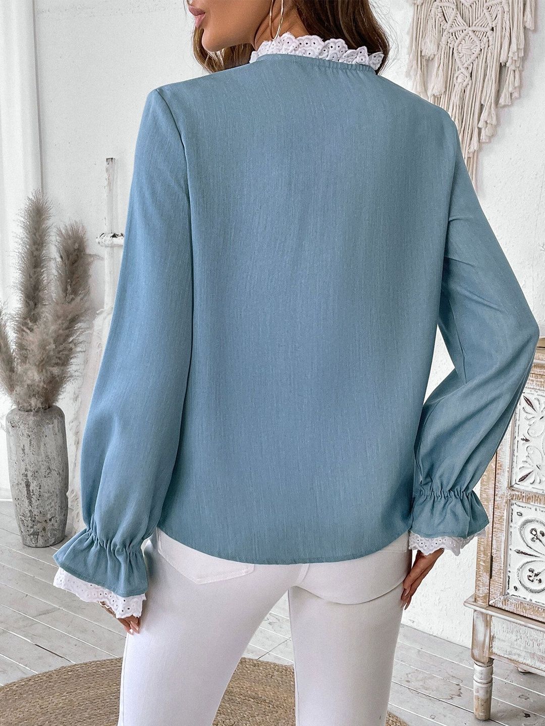 Women's Blue Bishop Sleeves Ruffles Victorian Cotton Top