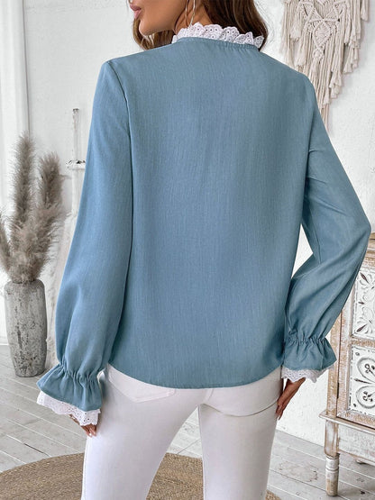 Women's Blue Bishop Sleeves Ruffles Victorian Cotton Top