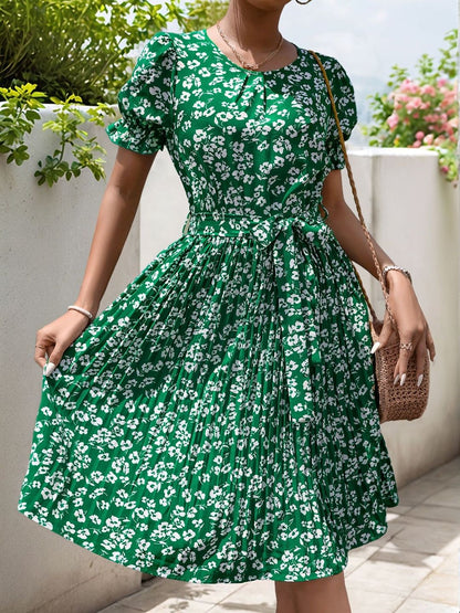 Floral Print Puff Sleeve Fit & Flare Dress in Green cotton Short Sleeve - Nowi Korean Fashion