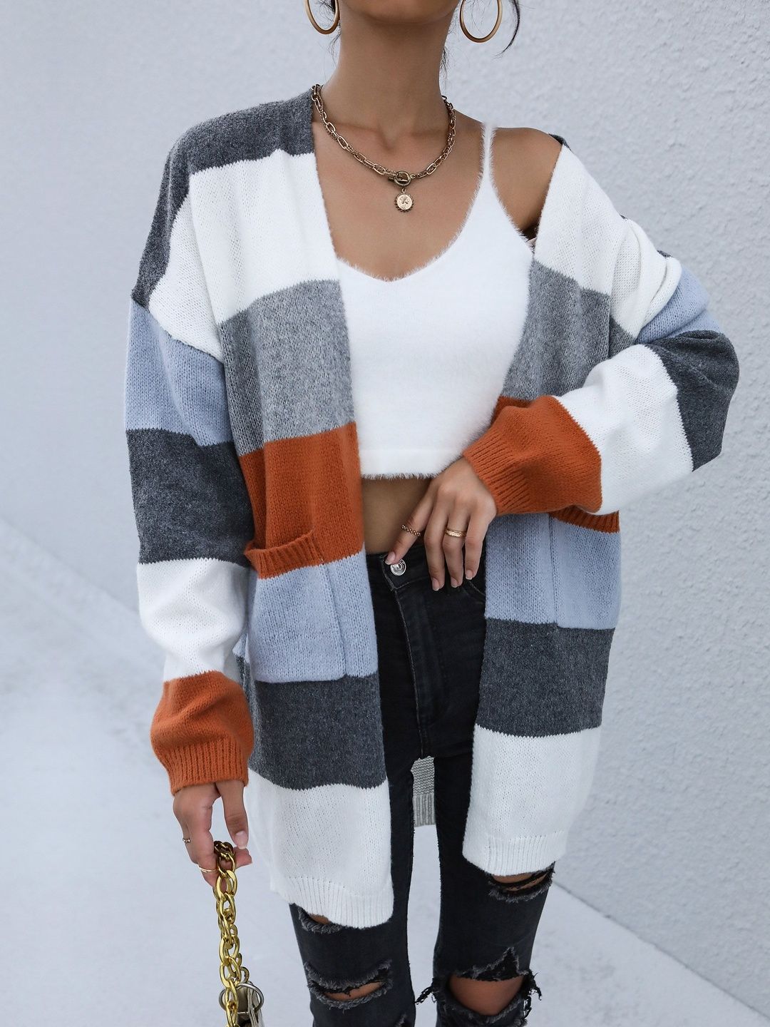 Women's White Colourblocked Cardigan Blend Printed