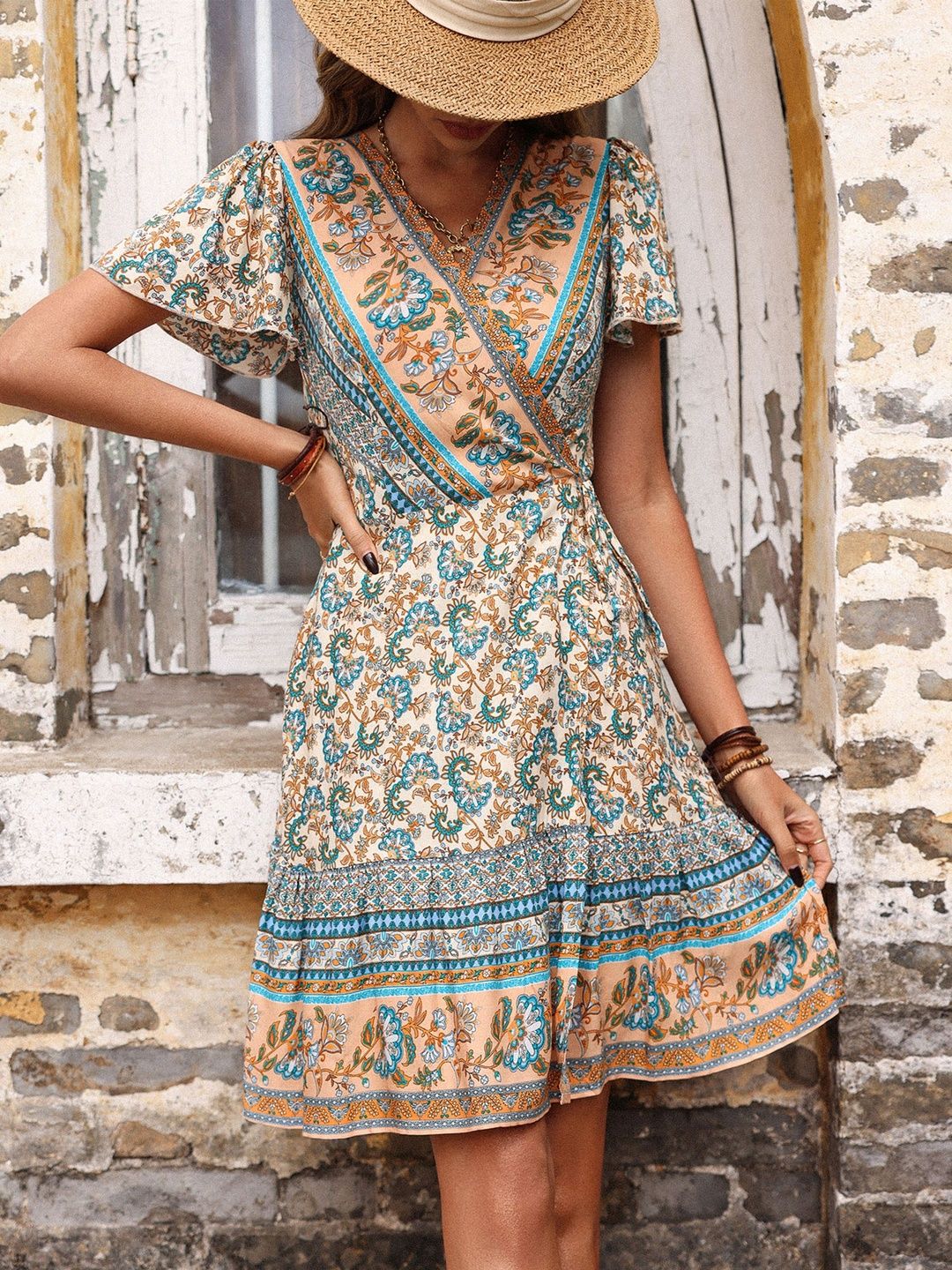 Floral Print Flutter Sleeve Dress