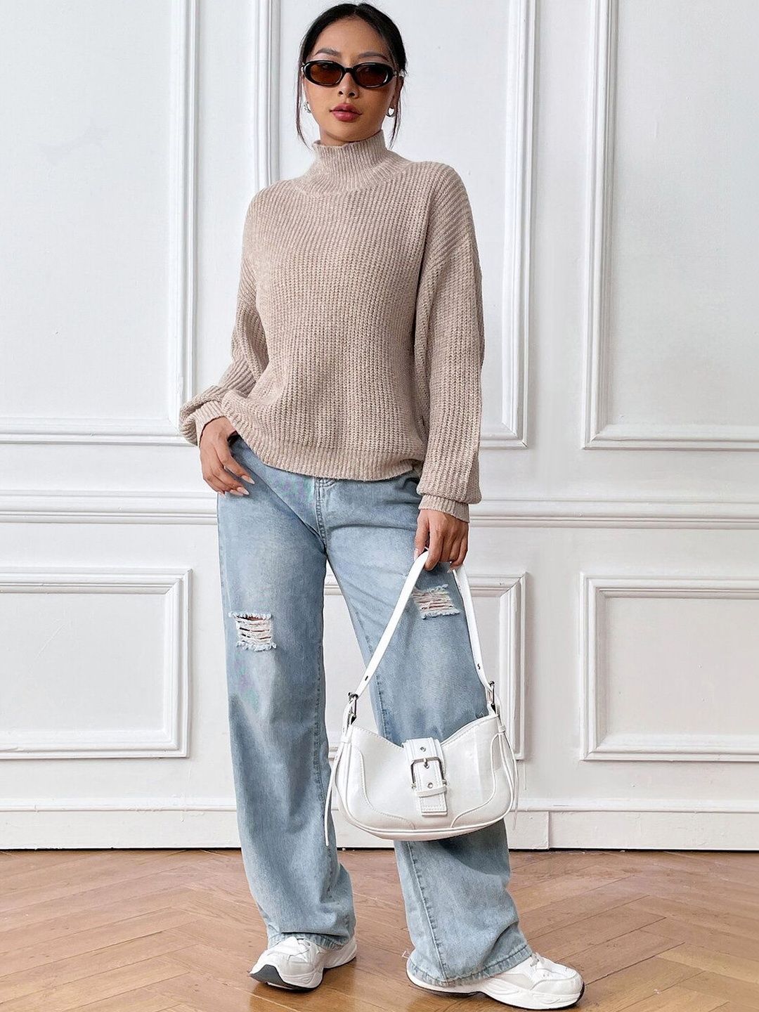 Ribbed Pullover in Beige acrylic Style 264 - Nowi Korean Fashion
