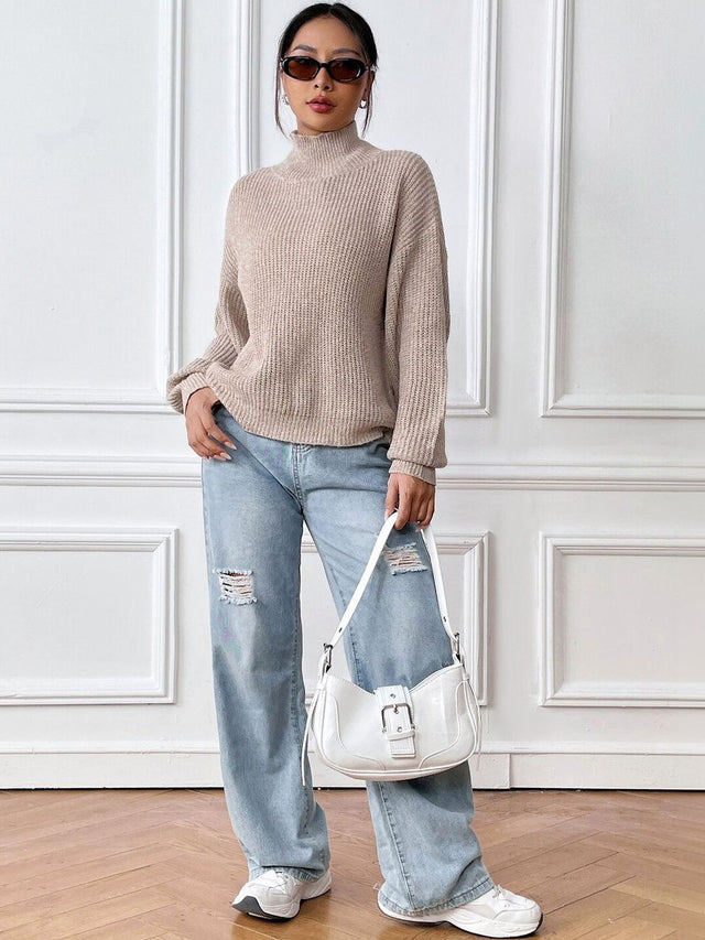 Ribbed Pullover in Beige acrylic Style 264 - Nowi Korean Fashion
