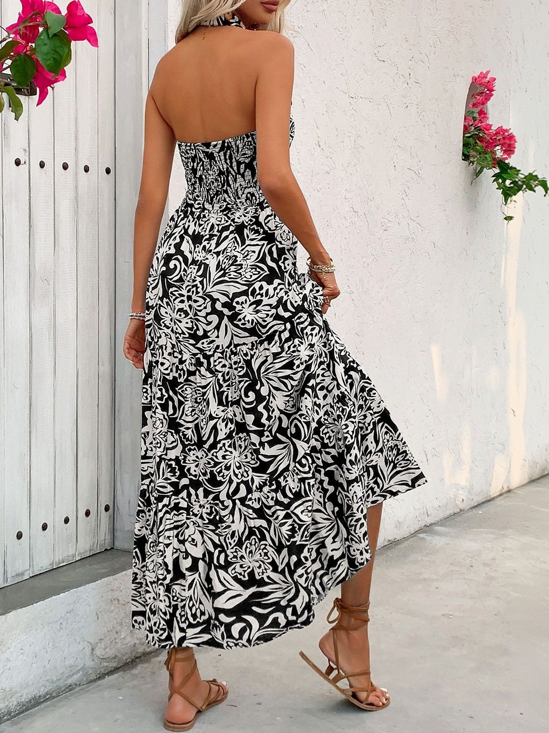 Floral Print Halter Neck A-Line Maxi Dress