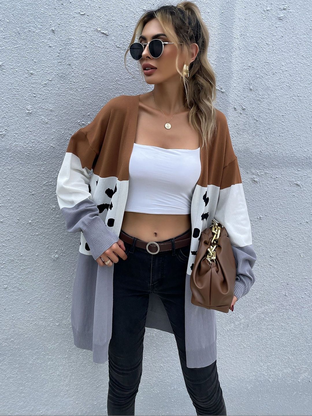 Women's Brown Colourblocked Cardigan Blend Printed