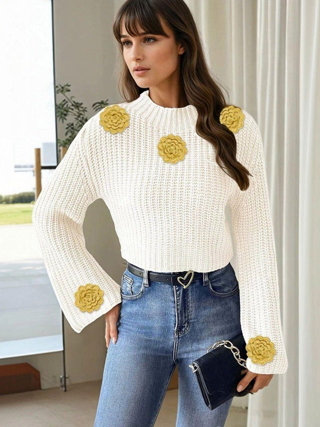 Ribbed Crop Pullover with Applique Detail in White acrylic - Nowi Korean Fashion