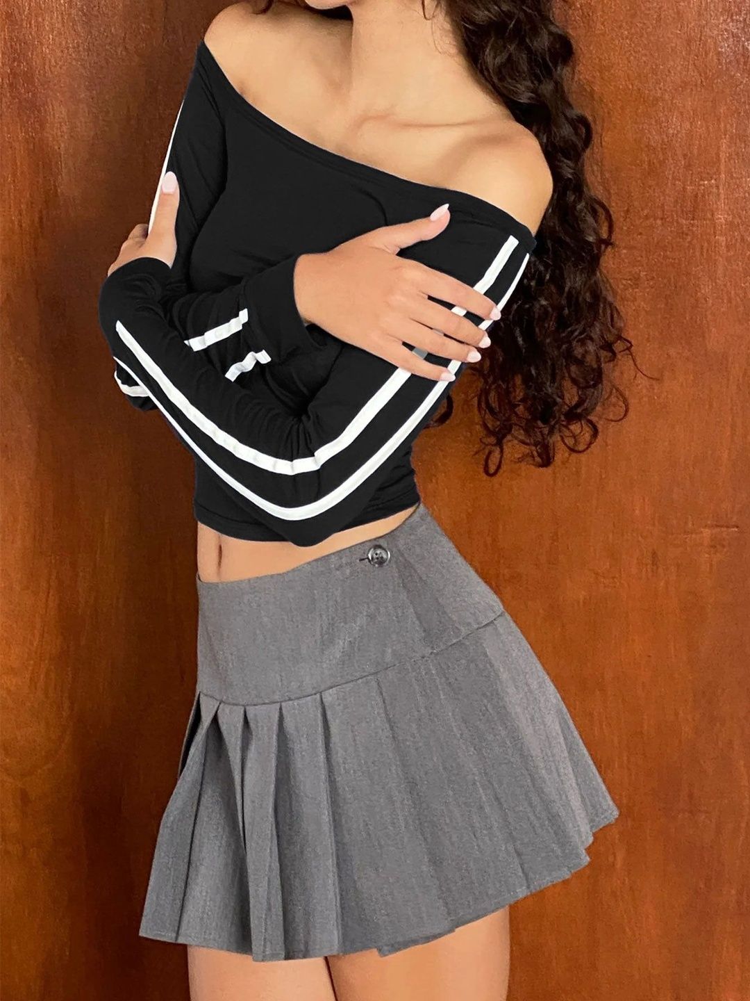 NOWI Striped Off-Shoulder Cotton Crop Top