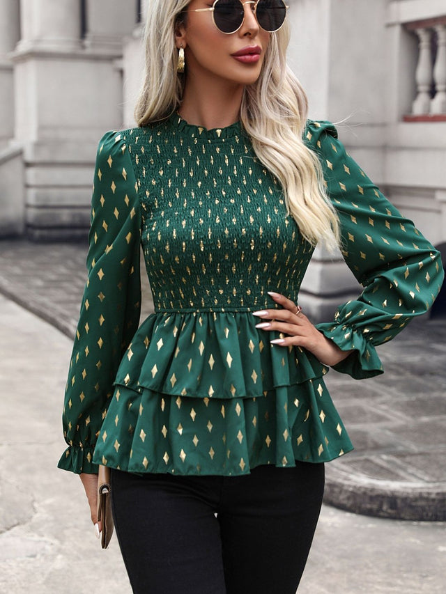 Geometric Print Peplum Top in Green - Nowi Korean Fashion