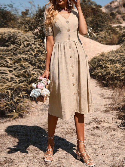 Puff Sleeve Fit & Flare Midi Dress in Beige cotton - Nowi Korean Fashion