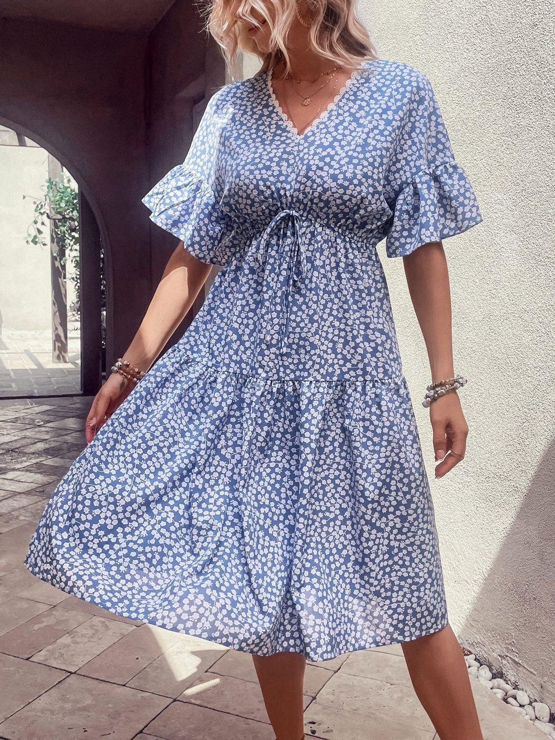 Floral Print Flutter Sleeve Fit & Flare Midi Dress