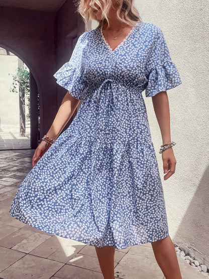 Floral Print Flutter Sleeve Fit & Flare Midi Dress