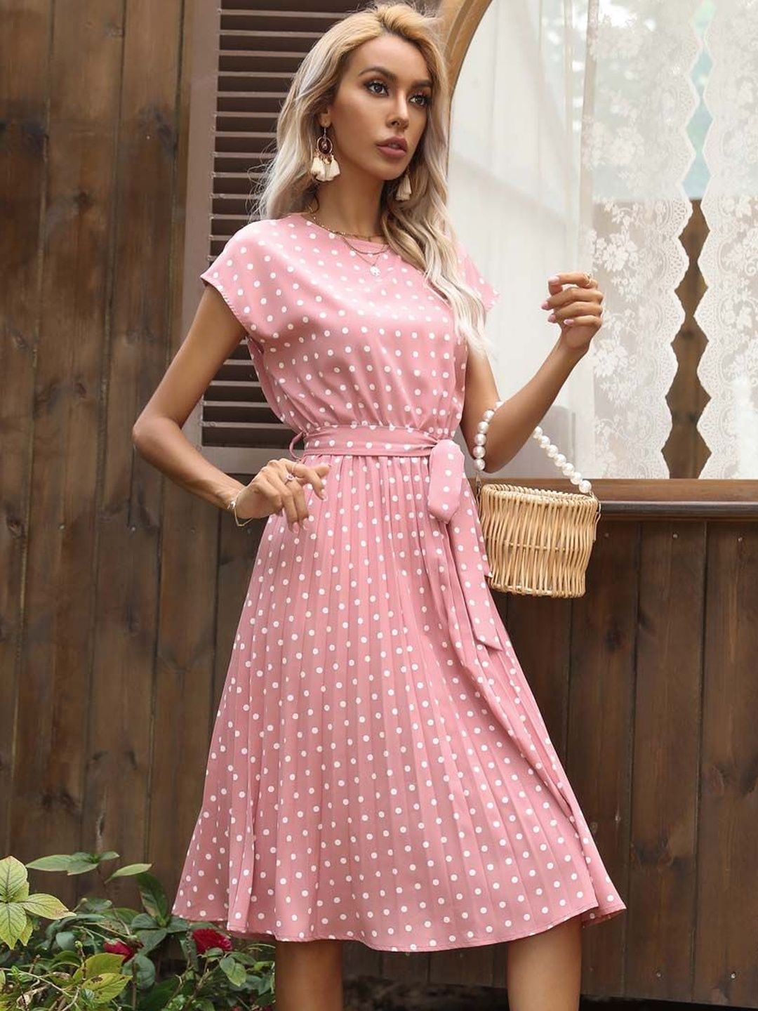 Polka Dot Print A-Line Midi Dress in Pink polyester - Nowi Korean Fashion