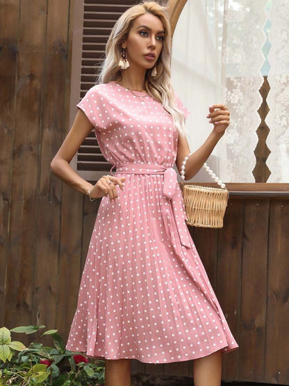 Polka Dot Print A-Line Midi Dress in Pink polyester - Nowi Korean Fashion