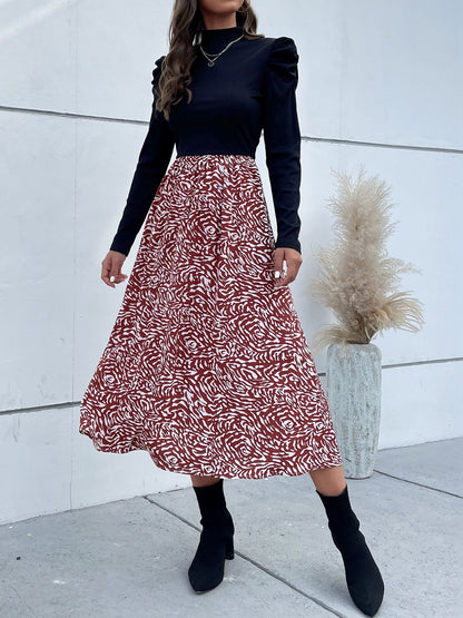 Women's Black Print Puff Sleeve A-Line Midi Dress