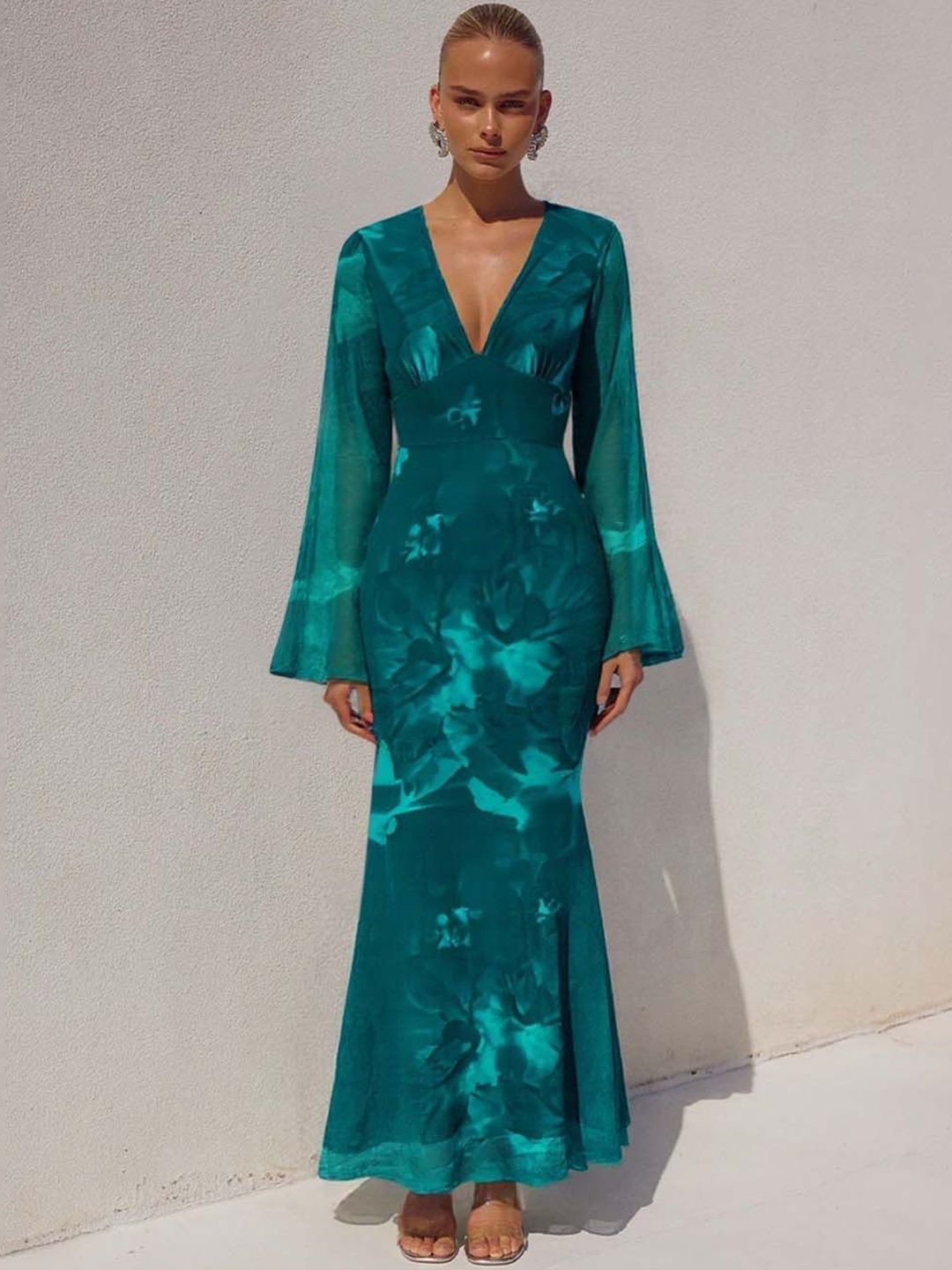 Tie and Dye Dyed Flared Sleeve Sheath Maxi Dress - Nowi Korean Fashion