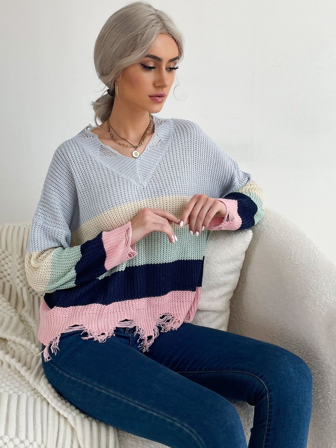 Women's Pink Colourblocked Pullover With Fringed Detail