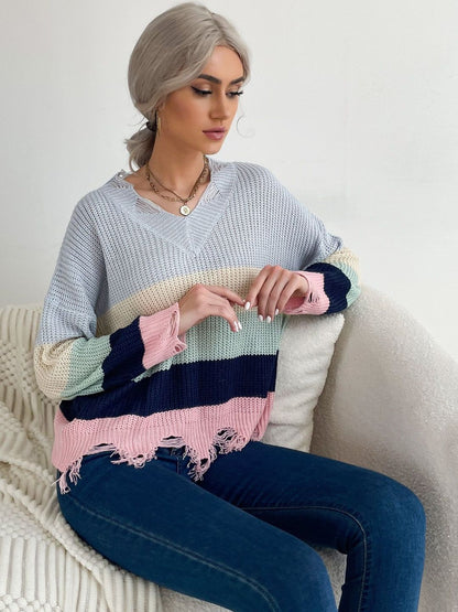 Women's Pink Colourblocked Pullover With Fringed Detail