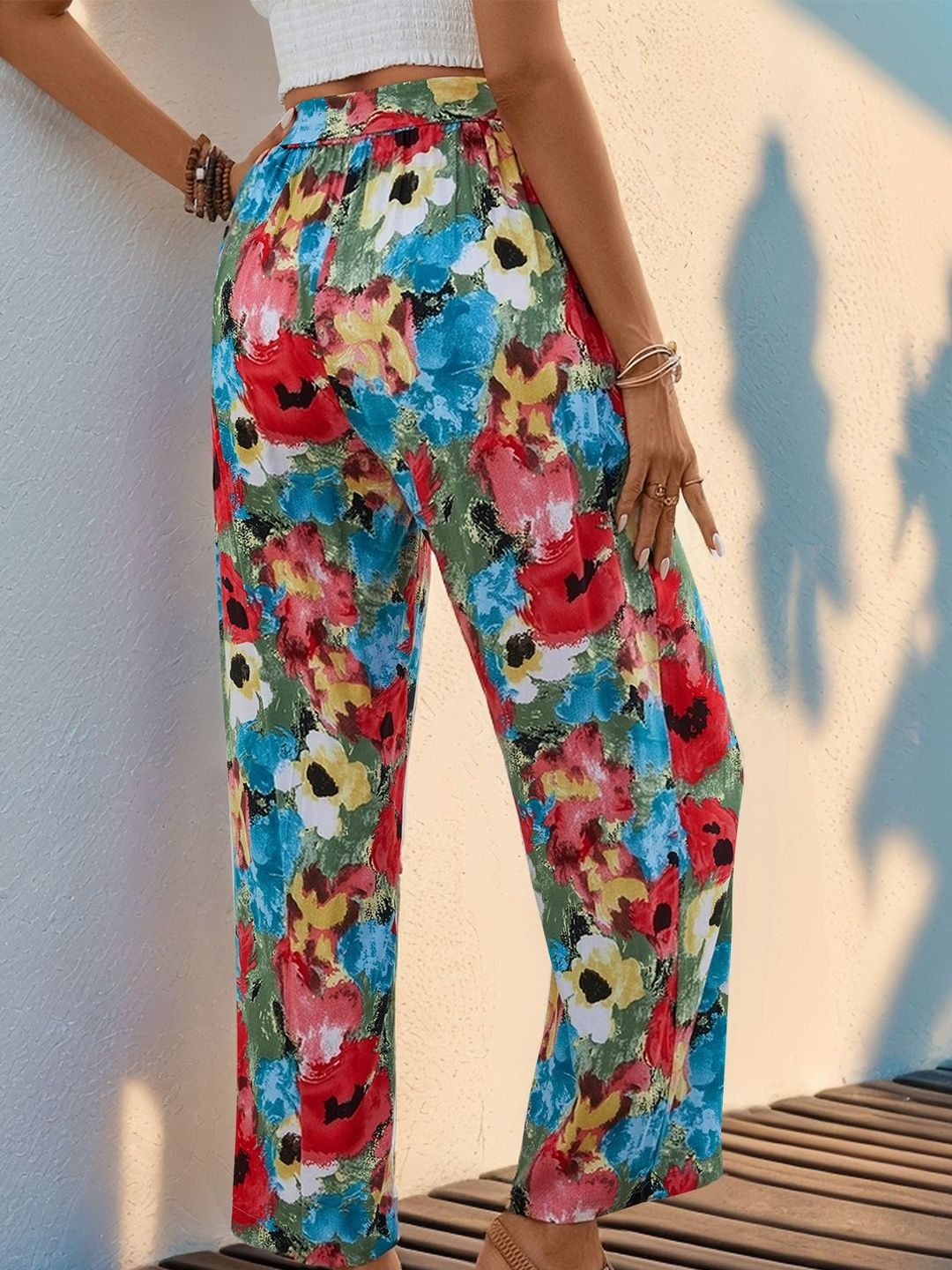 Women Floral Printed Non Iron Pleated Trousers