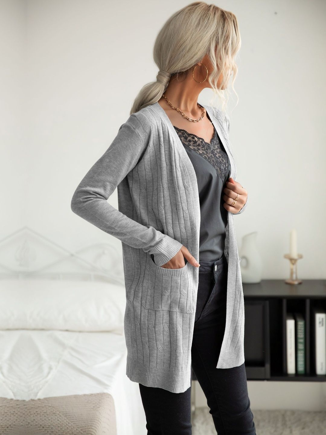 Women's Grey Ribbed Cardigan Blend Printed Regular Fit
