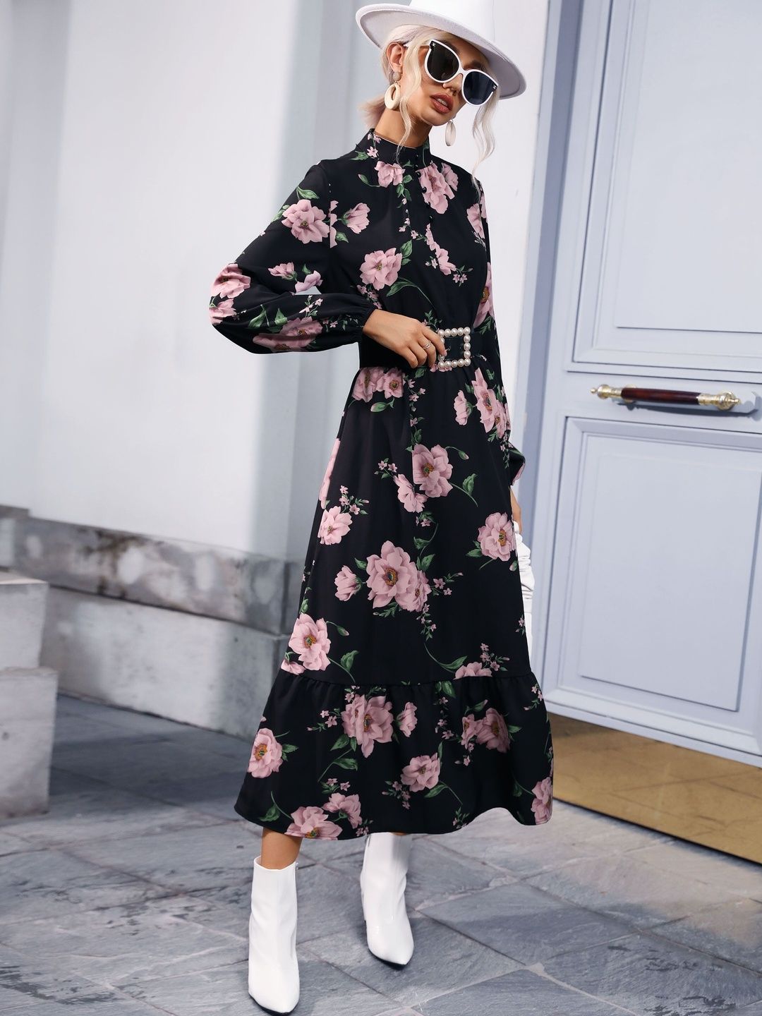 Women's Black Floral Print Bishop Sleeve Maxi Midi Dress