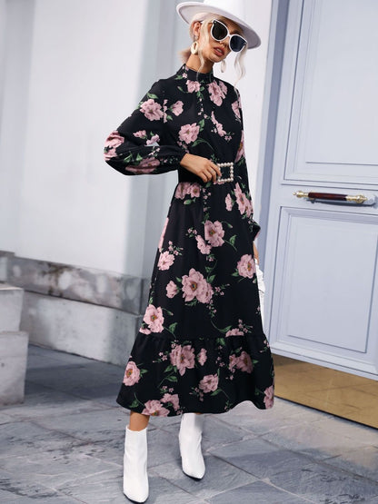 Women's Black Floral Print Bishop Sleeve Maxi Midi Dress