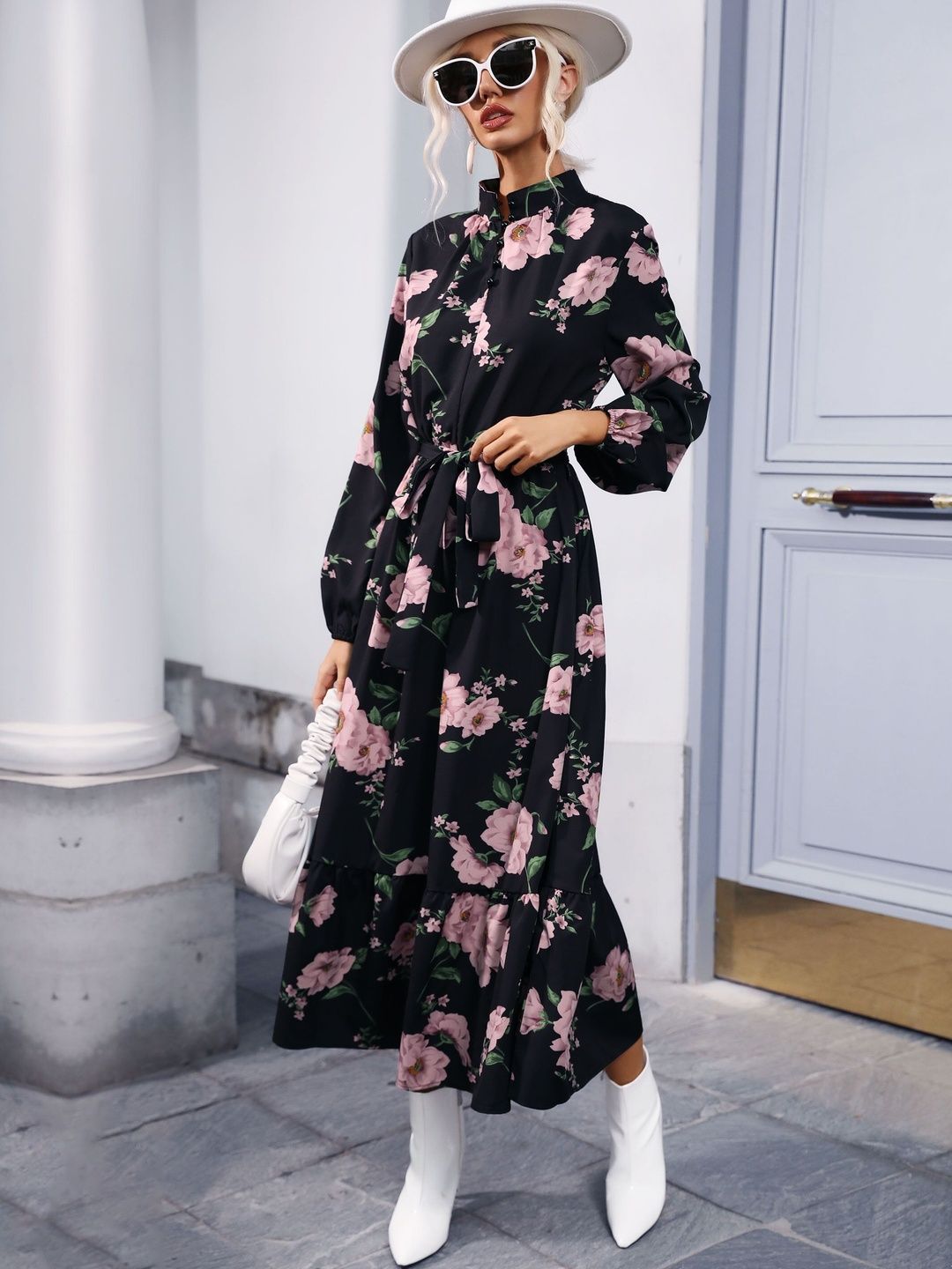 Women's Black Floral Print Bishop Sleeve Maxi Midi Dress