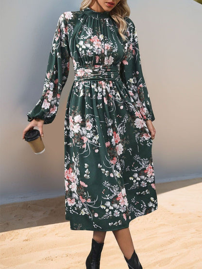 Women's Green Floral Print Fit & Flare Midi Dress Blend
