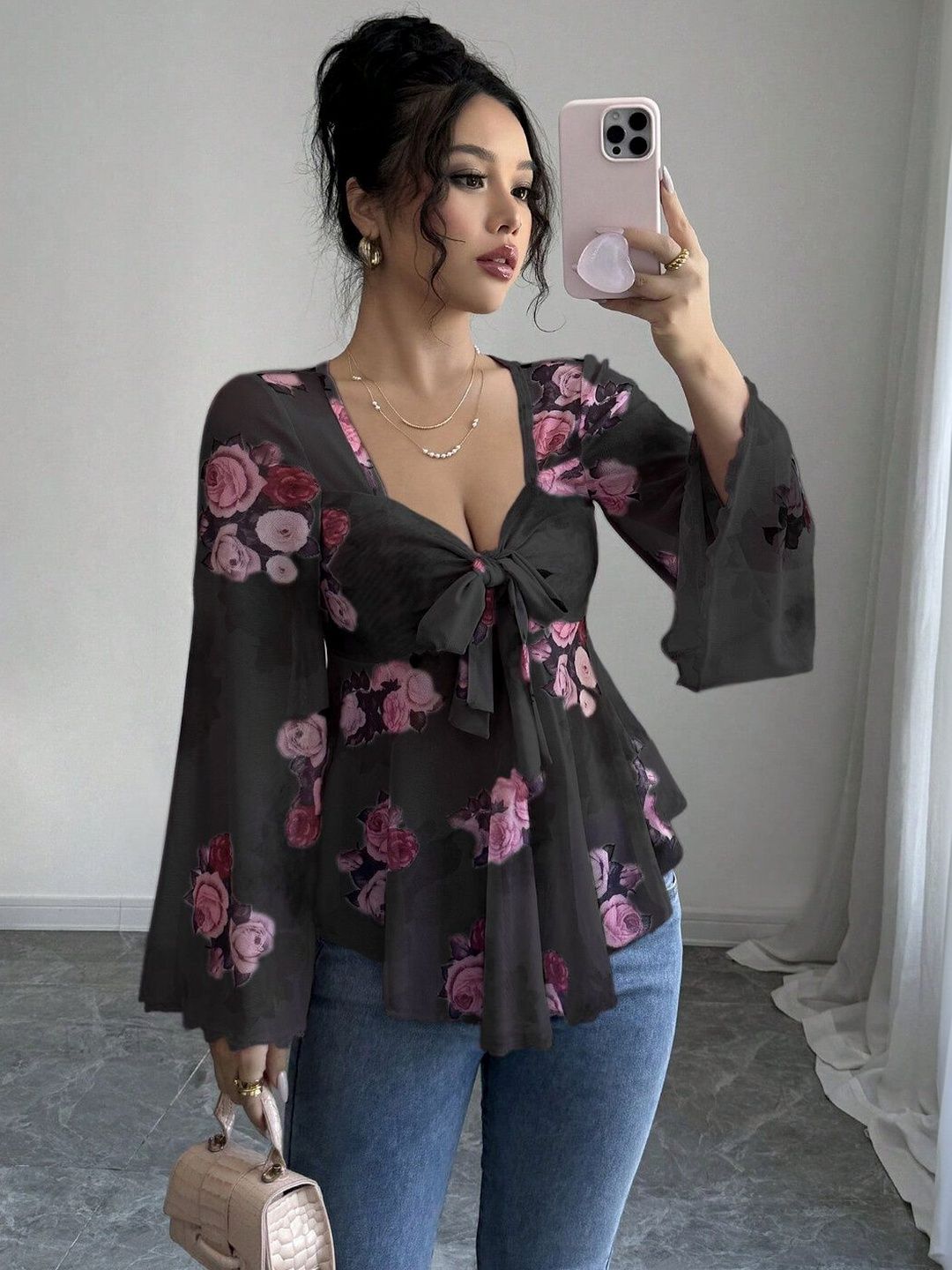 Floral Print Sweetheart Neck Flared Sleeve Top