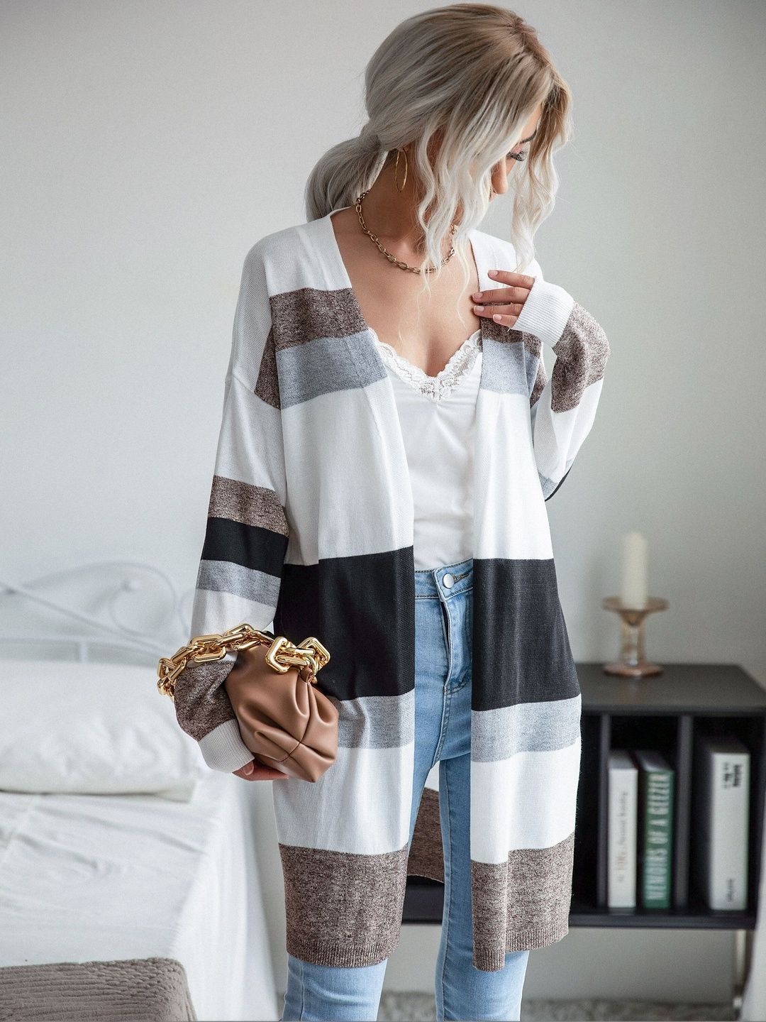 Women's White Colourblocked Cardigan Blend Printed
