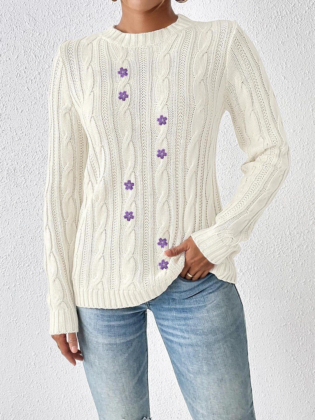 Women Cable Knit Colourblocked Pullover with Embroidered Detail