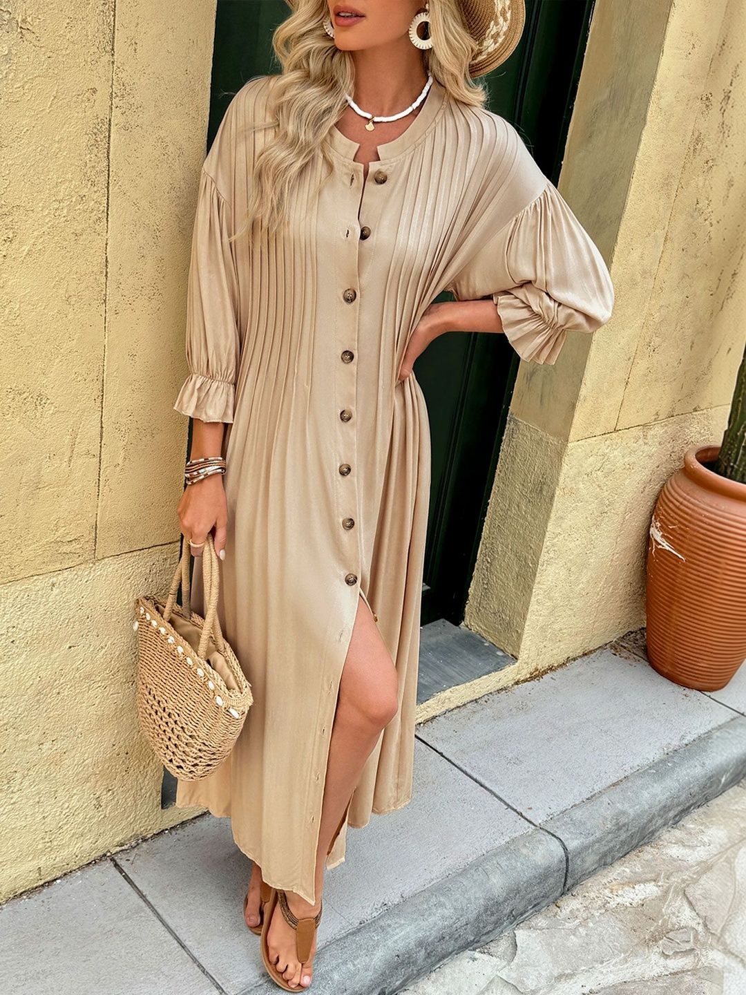 Puff Sleeve A-Line Midi Dress