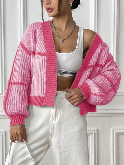 Women Colourblocked Crop Cardigan