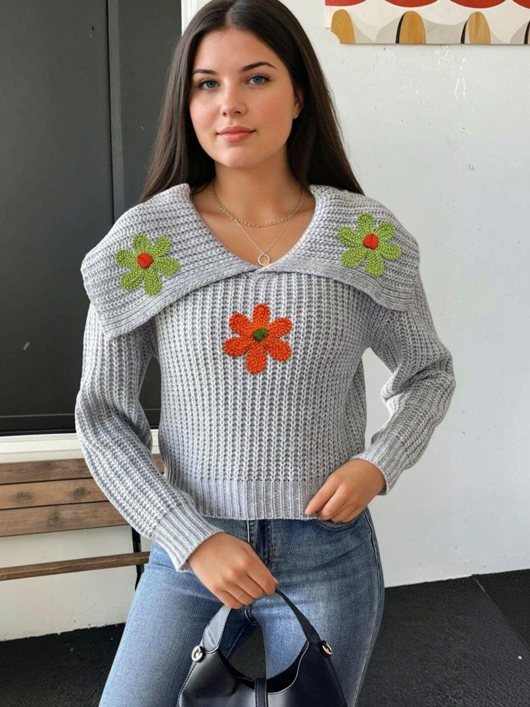 Floral Ribbed Pullover with Embroidered Detail in Grey acrylic - Nowi Korean Fashion