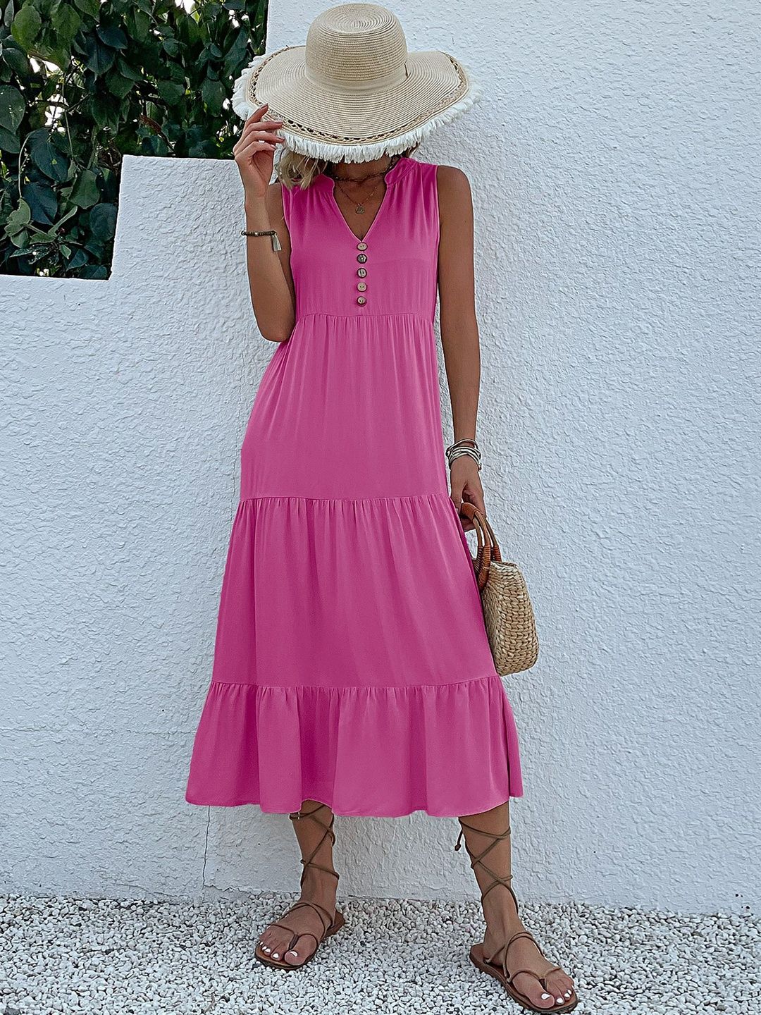 Fit & Flare Midi Dress in Pink cotton - Nowi Korean Fashion