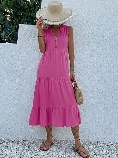 Fit & Flare Midi Dress in Pink cotton - Nowi Korean Fashion