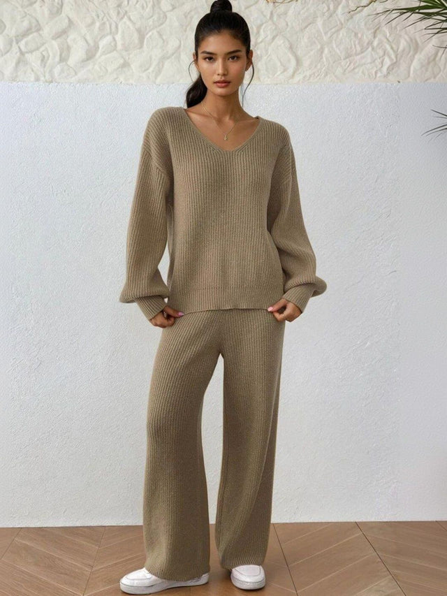 Brown Knitted Sweater with Trousers - Nowi Korean Fashion