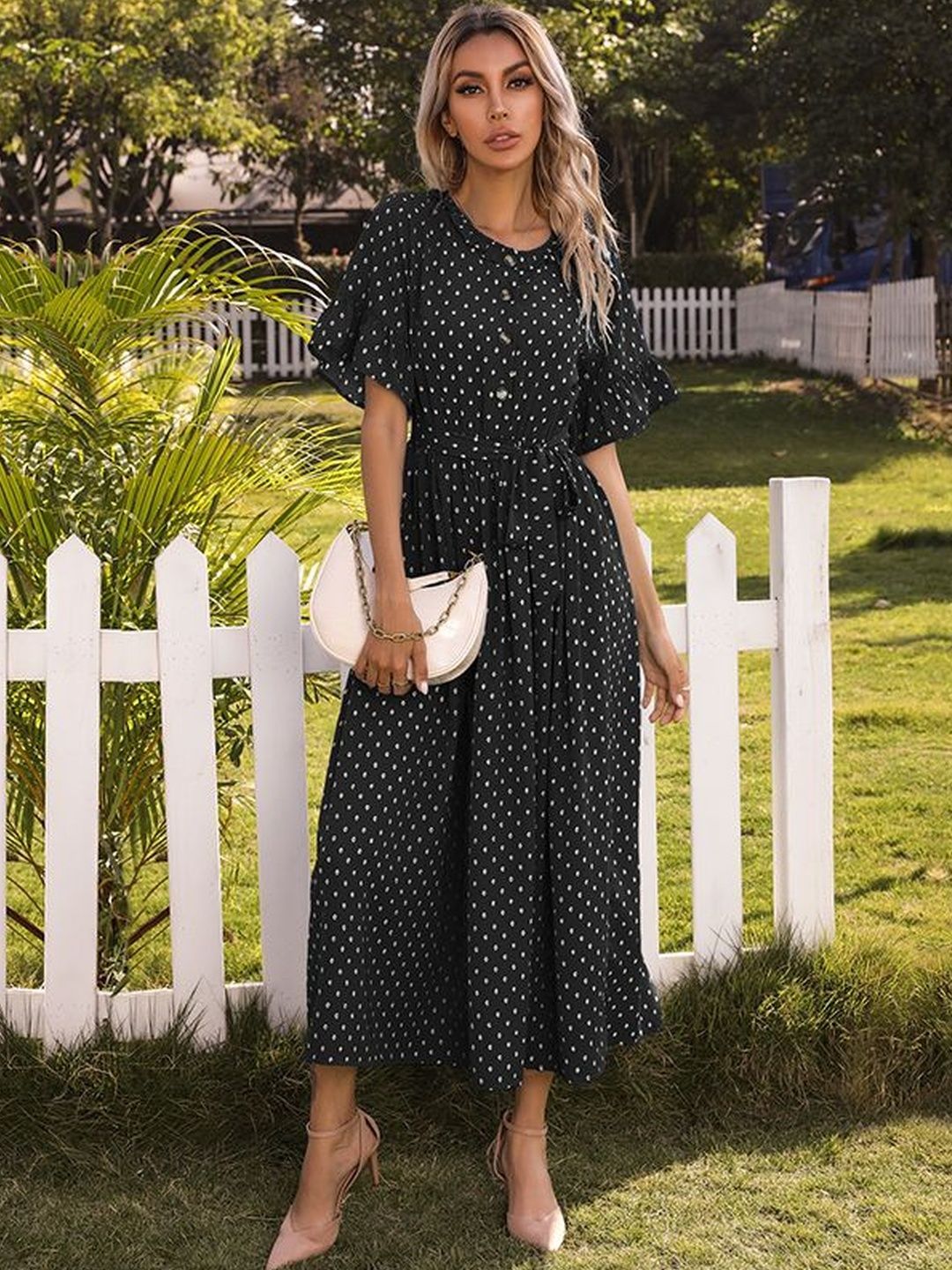 Polka Dot Print Puff Sleeve Fit & Flare Midi Dress in Black cotton Printed - Nowi Korean Fashion