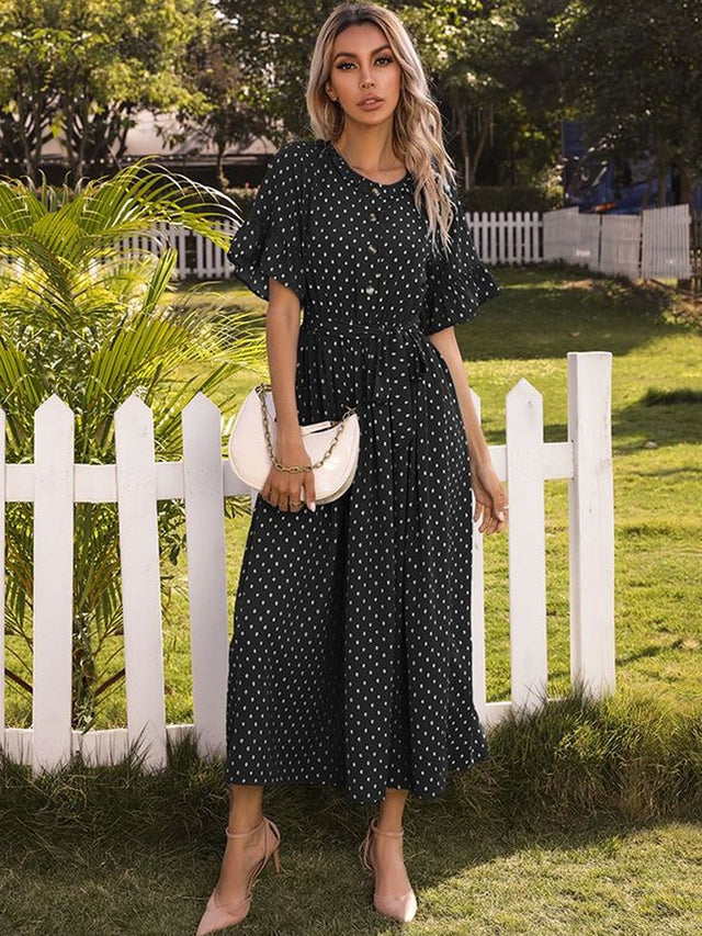 Polka Dot Print Puff Sleeve Fit & Flare Midi Dress in Black cotton Printed - Nowi Korean Fashion