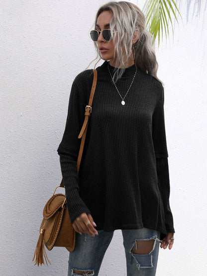 Women's Black Ribbed Pullover Blend Printed Regular Fit
