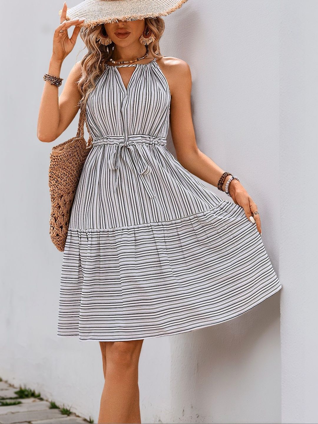 Striped Halter Neck Fit & Flare Dress