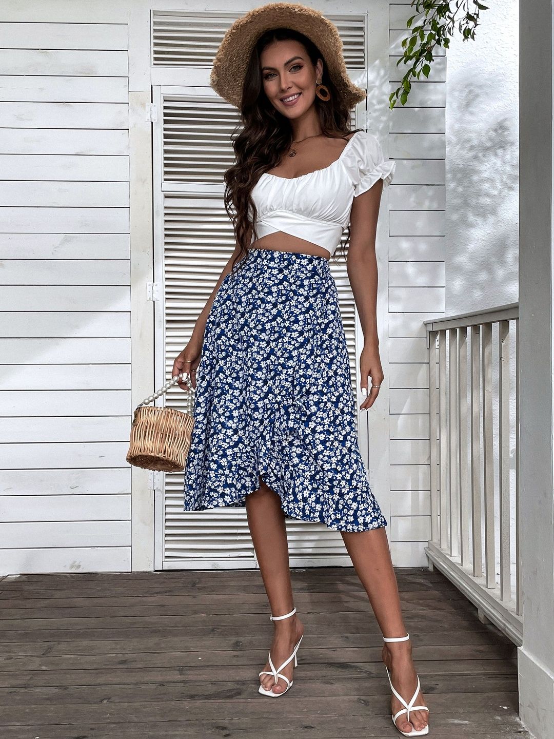 Printed Flared Mid Rise Midi Skirts in Blue cotton - Nowi Korean Fashion